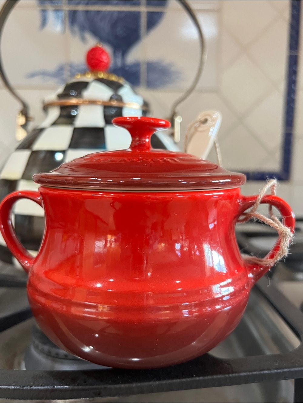 Le Creuset Cerise (Red) Stoneware Sugar Bowl w/Spoon